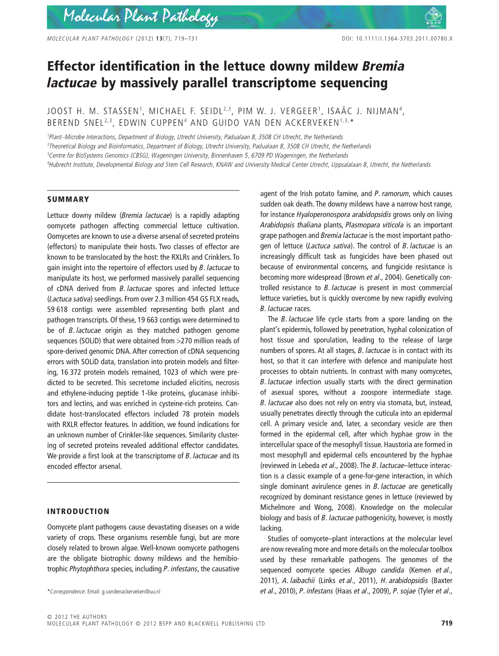 Effector Identification in the Lettuce Downy Mildew Bremia Lactucae By