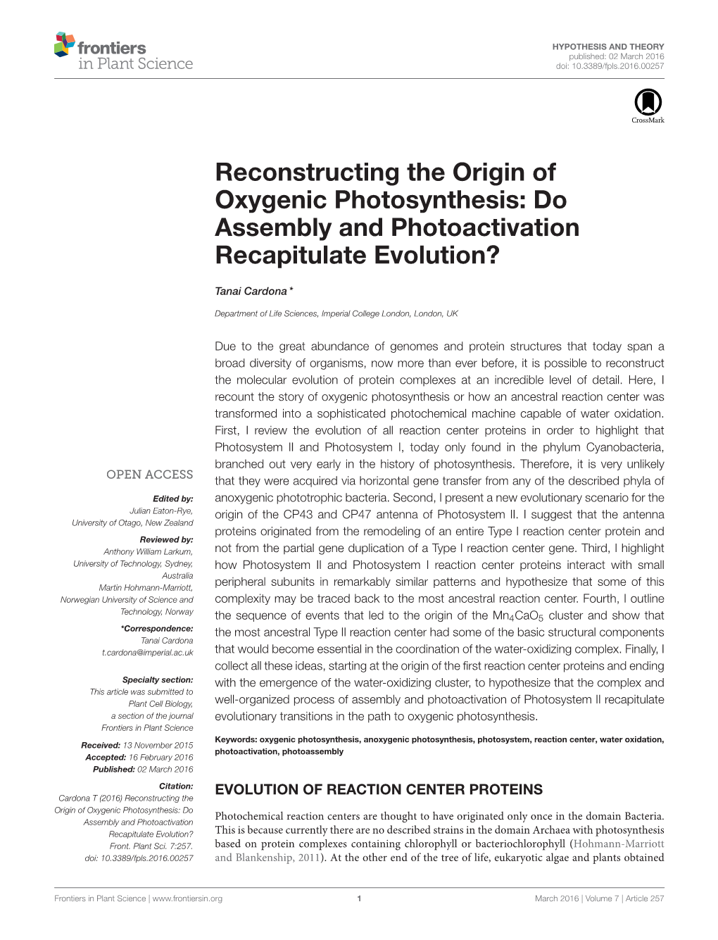 Reconstructing the Origin of Oxygenic Photosynthesis: Do Assembly and Photoactivation Recapitulate Evolution?