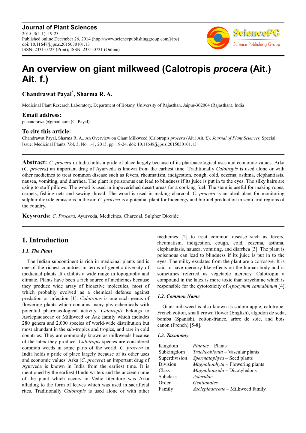 An Overview on Giant Milkweed (Calotropis Procera (Ait.) Ait. F.)