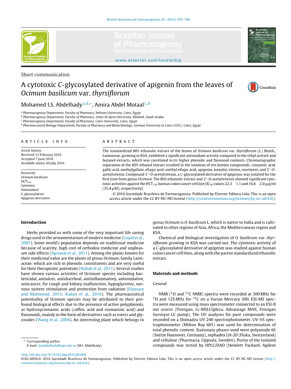 A Cytotoxic C-Glycosylated Derivative of Apigenin from the Leaves Of