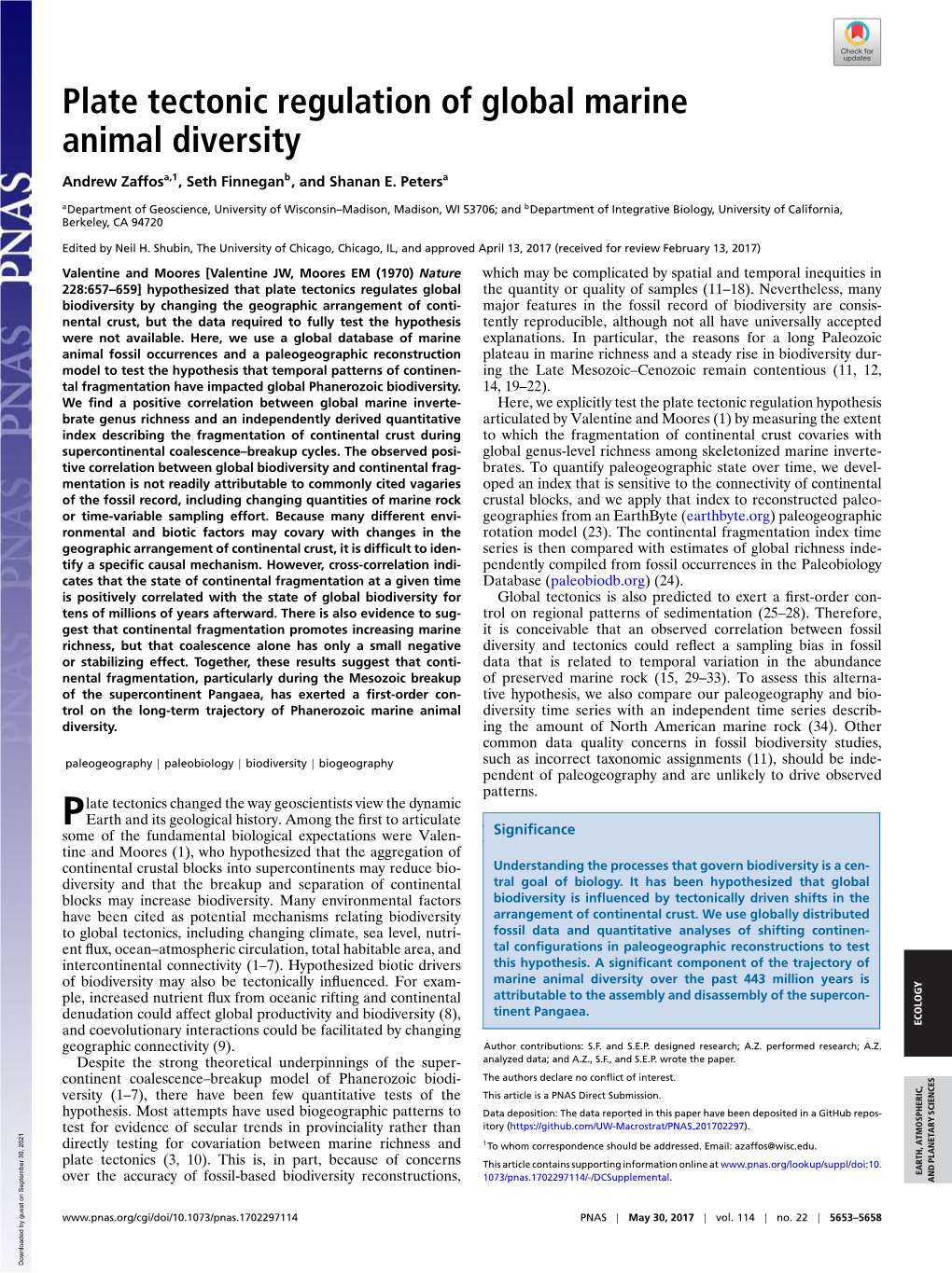 Plate Tectonic Regulation of Global Marine Animal Diversity