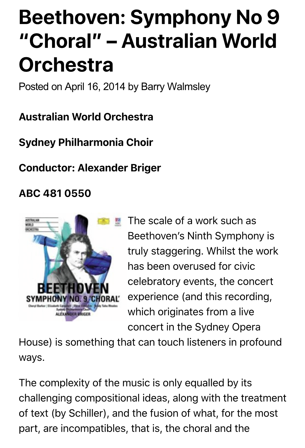 Beethoven: Symphony No 9 “Choral” – Australian World Orchestra Posted on April 16, 2014 by Barry Walmsley