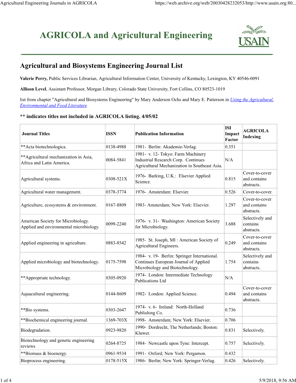 Agricultural Engineering Journals in AGRICOLA