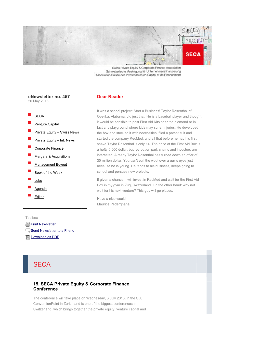 Enewsletter No. 457 | SECA | Swiss Private Equity & Corporate