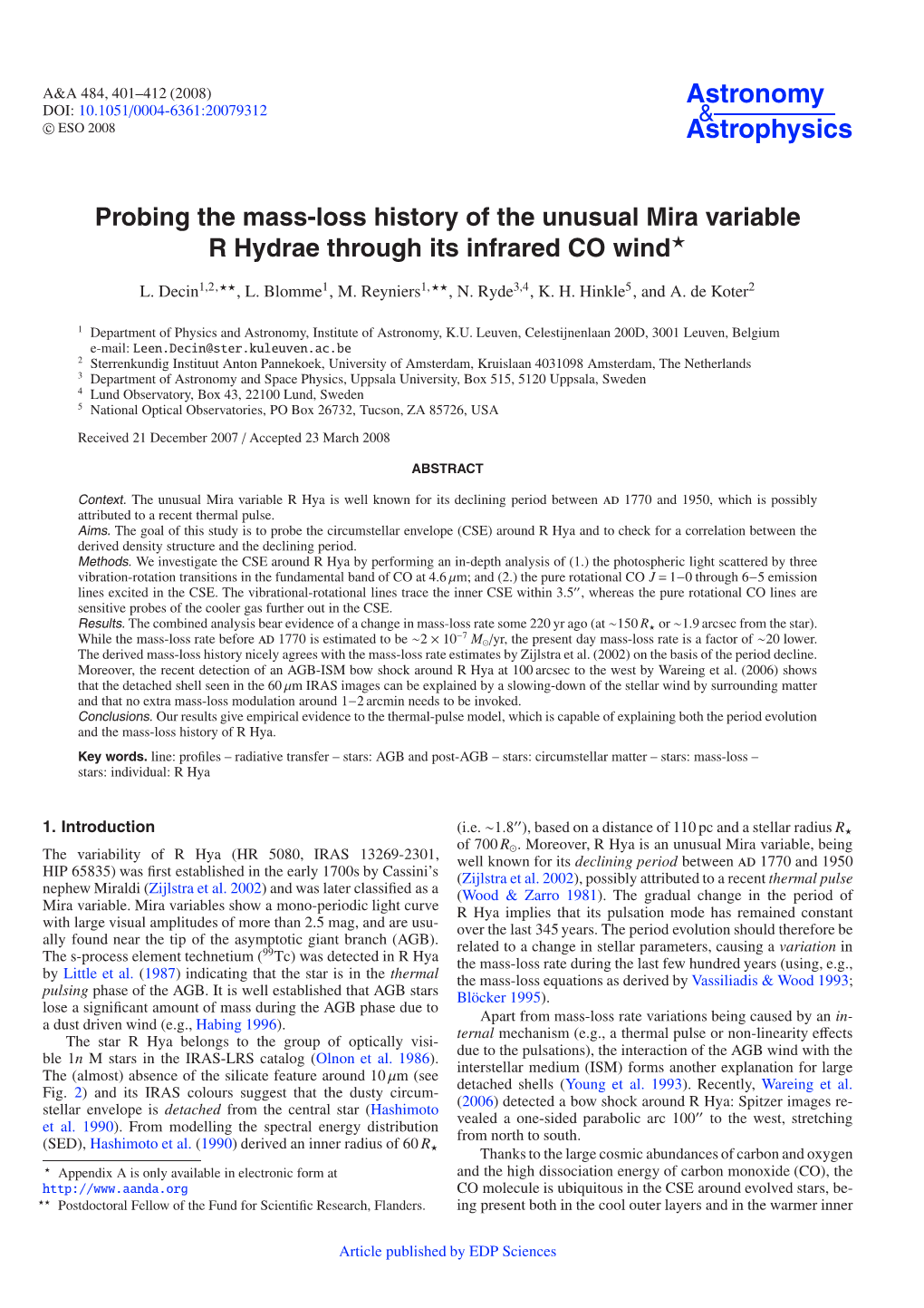 Probing the Mass-Loss History of the Unusual Mira Variable R Hydrae Through Its Infrared CO Wind