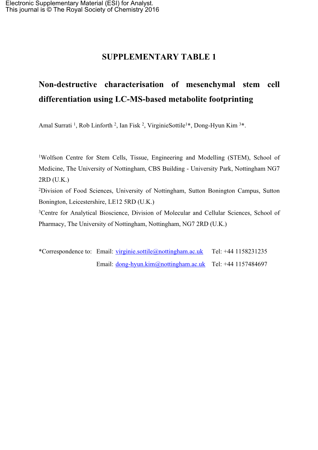 SUPPLEMENTARY TABLE 1 Non-Destructive Characterisation Of