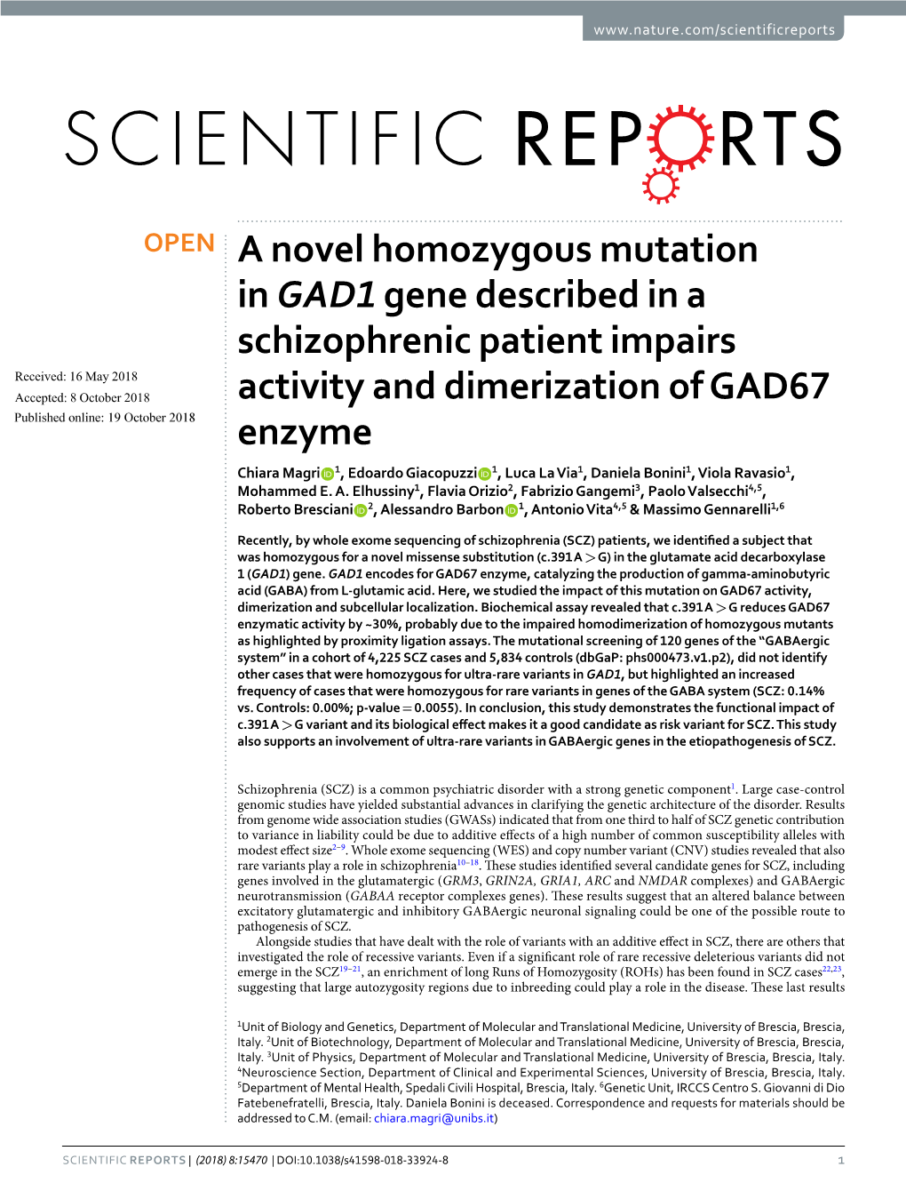 A Novel Homozygous Mutation in GAD1 Gene Described in A