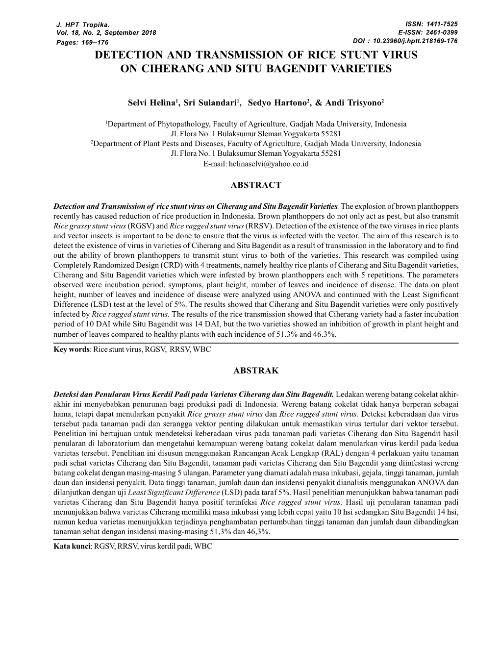 Detection and Transmission of Rice Stunt Virus on Ciherang and Situ Bagendit Varieties