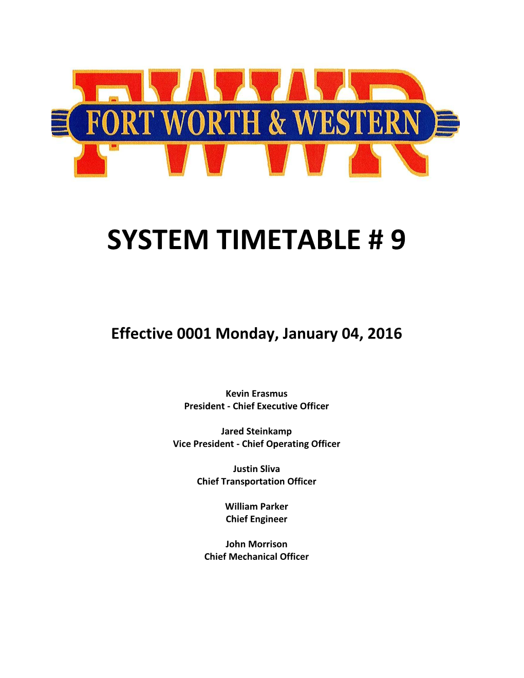 FWWR System Timetable and Special Instructions