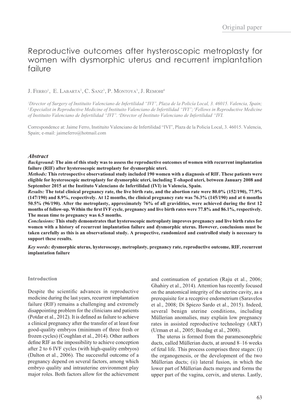 Reproductive Outcomes After Hysteroscopic Metroplasty for Women with Dysmorphic Uterus and Recurrent Implantation Failure