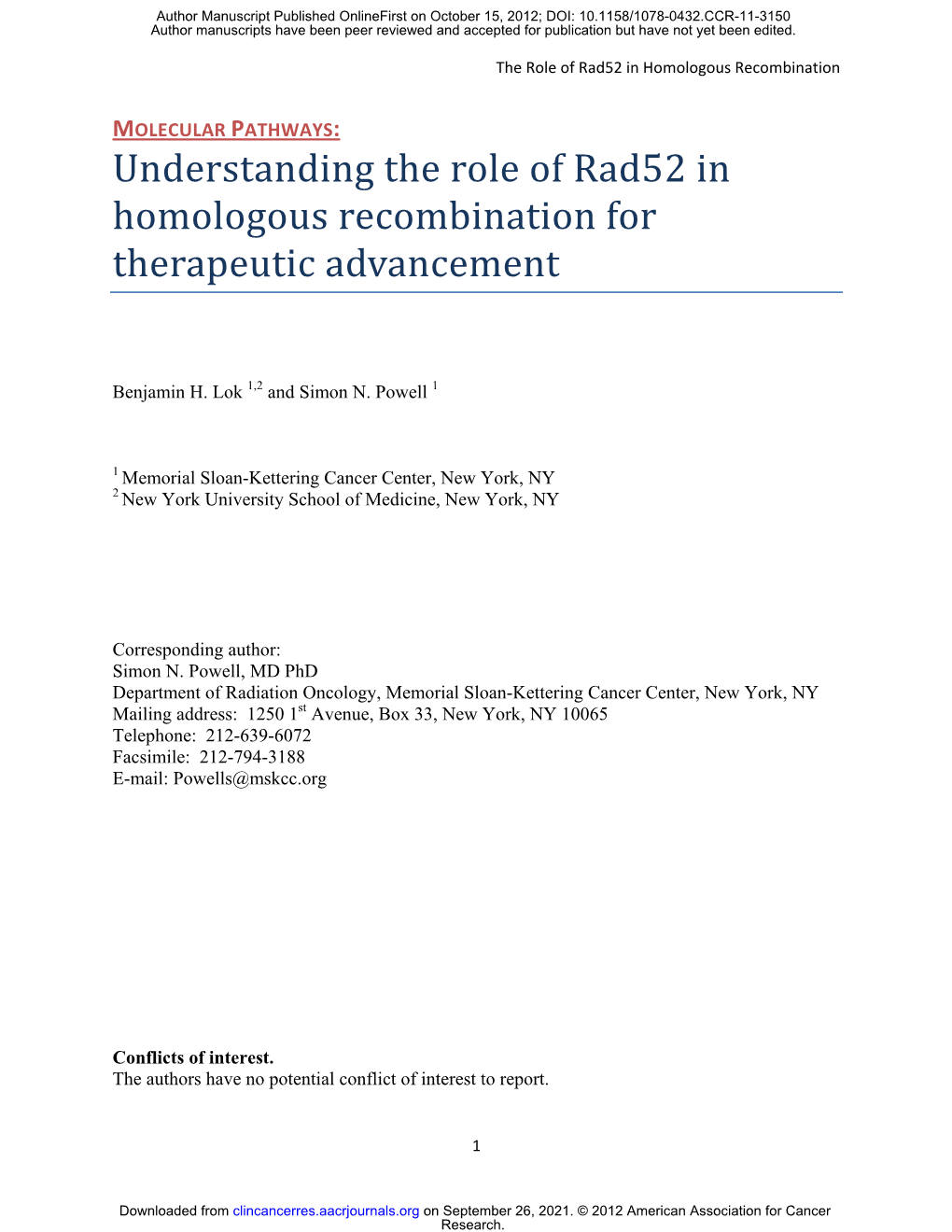 Understanding the Role of Rad52 in Homologous Recombination for Therapeutic Advancement