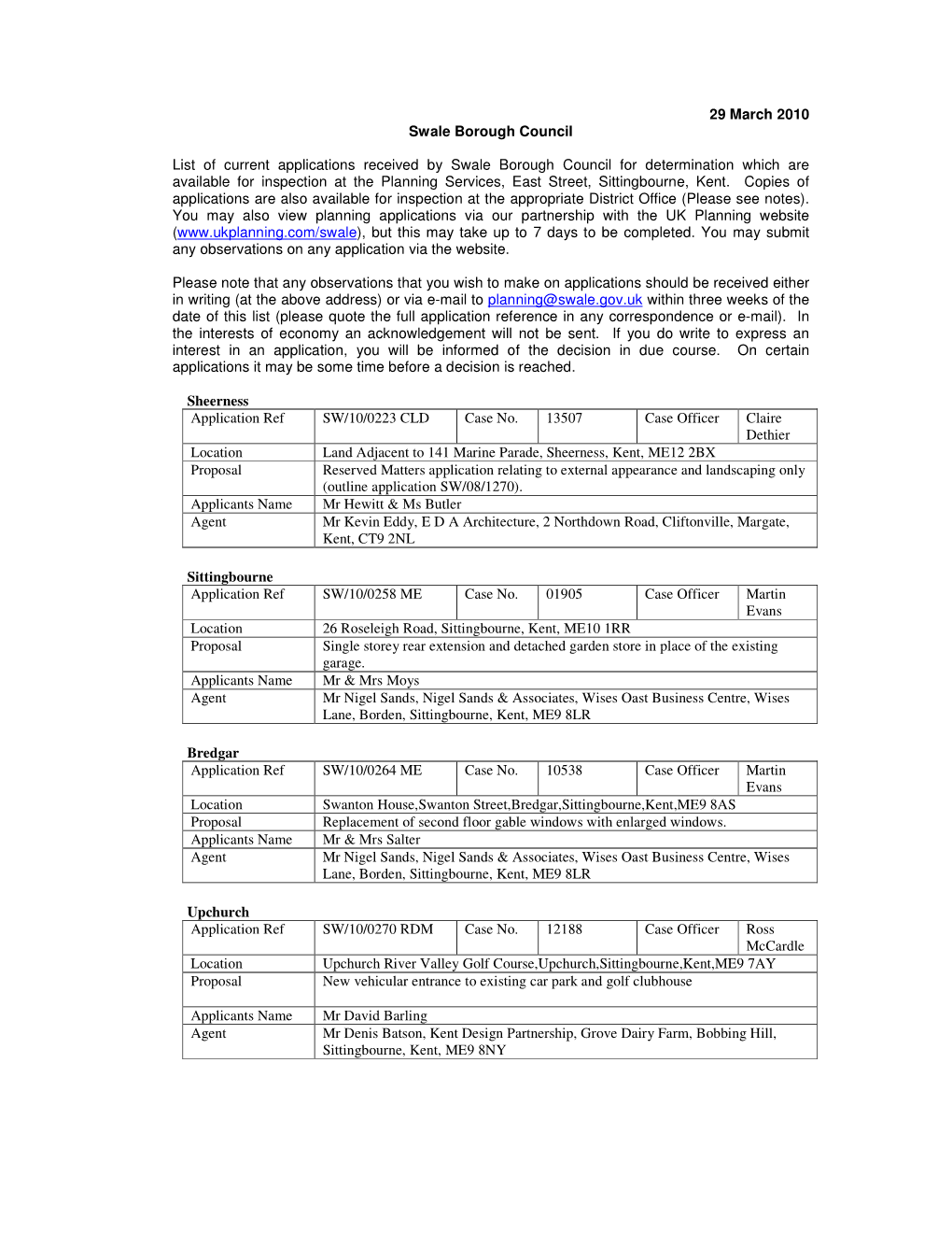 29 March 2010 Swale Borough Council List of Current Applications