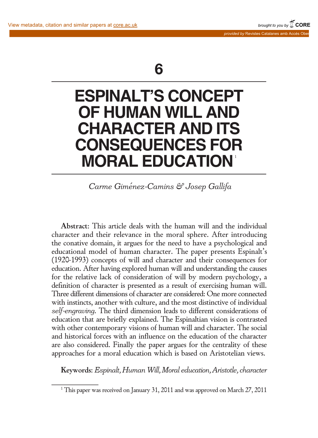 Espinalt's Concept of Human WILL and Character and Its