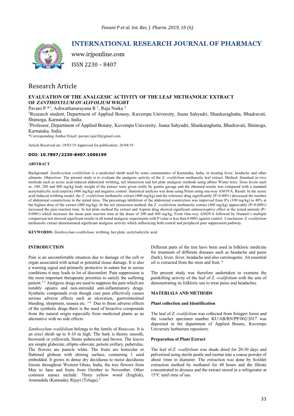 Evaluation of the Analgesic Activity of the Leaf