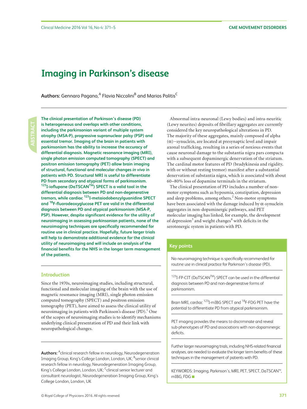 Imaging in Parkinson's Disease