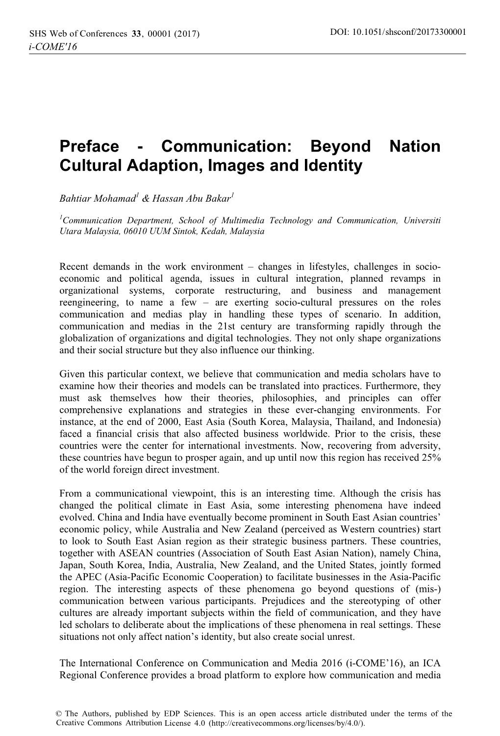 Preface - Communication: Beyond Nation Cultural Adaption, Images and Identity