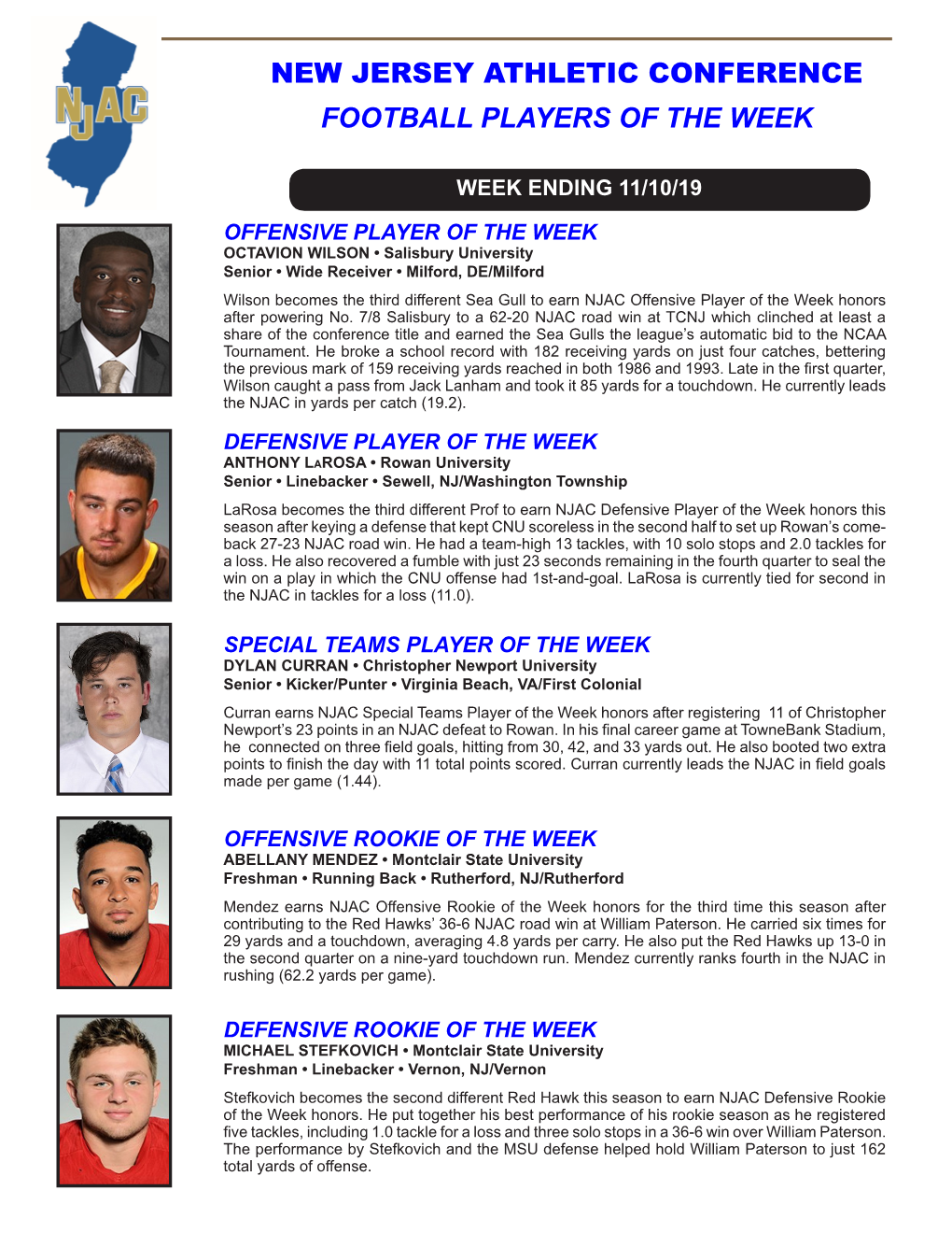 New Jersey Athletic Conference Football Players of the Week