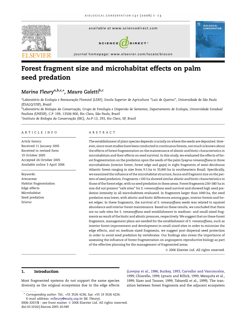 Forest Fragment Size and Microhabitat Effects on Palm Seed Predation