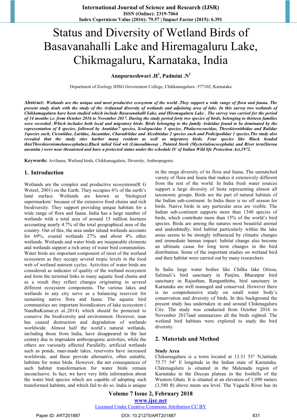 Status and Diversity of Wetland Birds of Basavanahalli Lake and Hiremagaluru Lake, Chikmagaluru, Karnataka, India