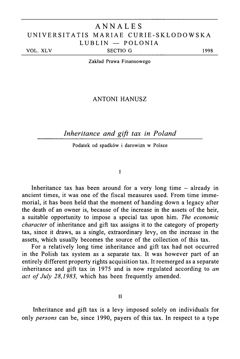 ANNALES Inheritance and Gift Tax in Poland