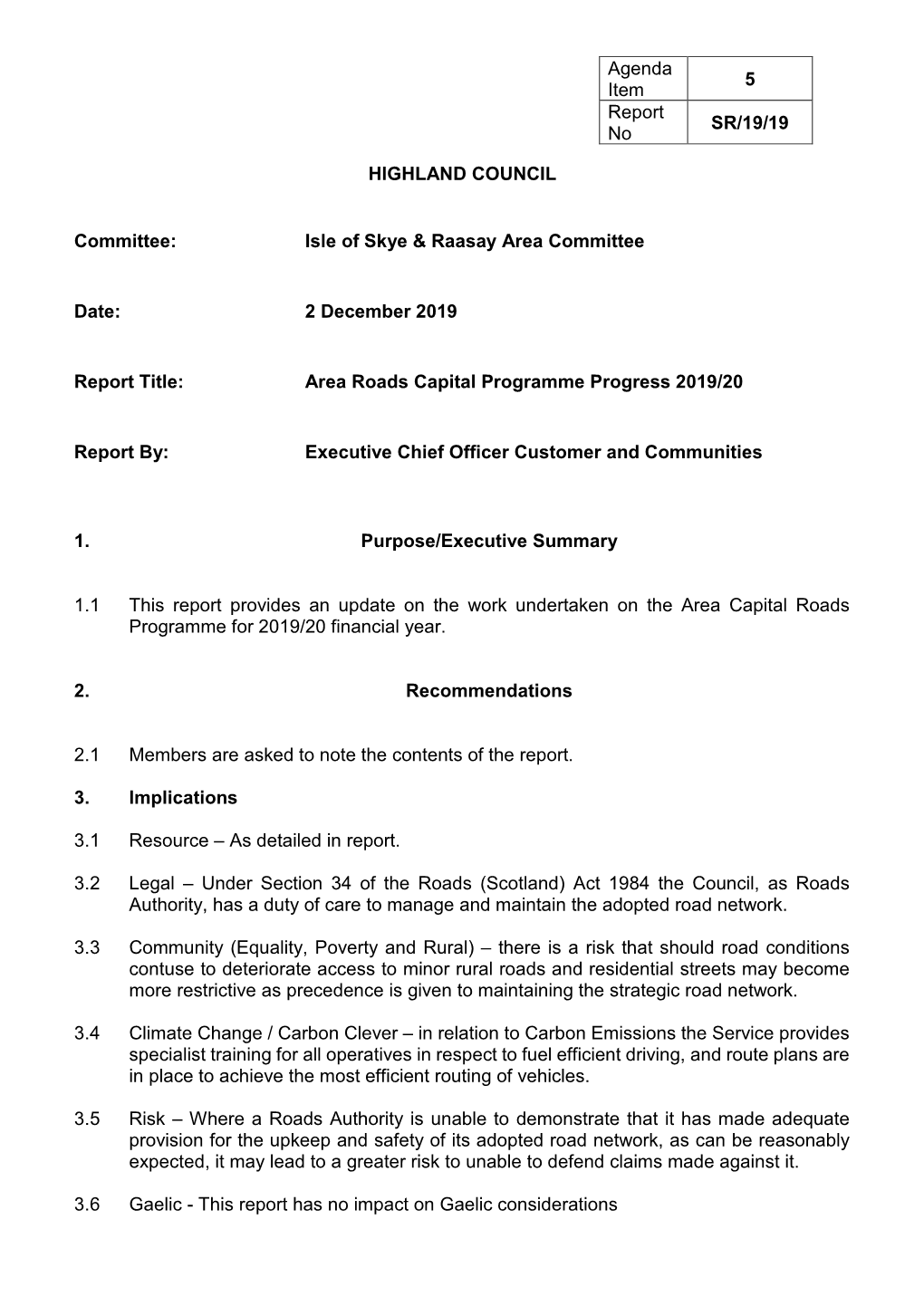 Area Roads Capital Programme Progress 2019/20