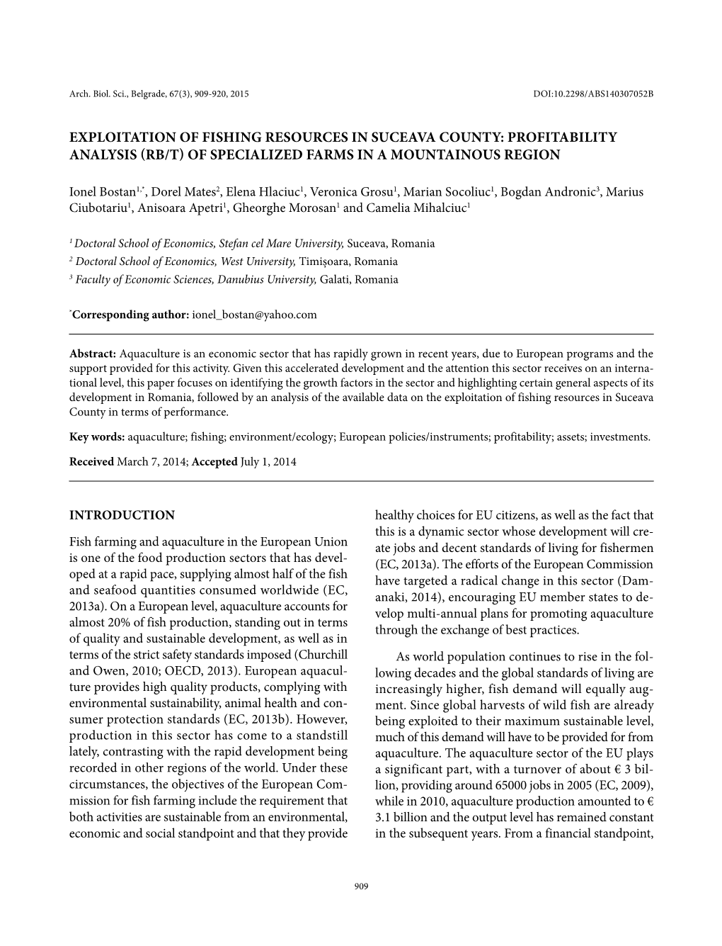 EXPLOITATION of FISHING RESOURCES in SUCEAVA COUNTY: PROFITABILITY ANALYSIS (Rb/T) of SPECIALIZED FARMS in a MOUNTAINOUS REGION