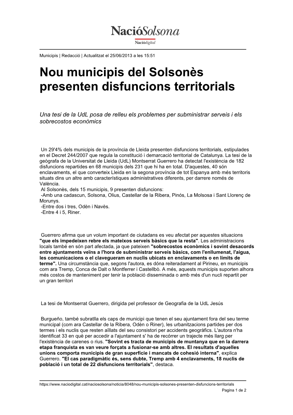 Nou Municipis Del Solsonès Presenten Disfuncions Territorials 