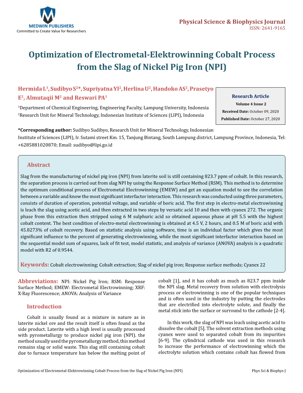 Sudibyo S, Et Al. Optimization of Electrometal-Elektrowinning Cobalt Process from the Slag Copyright© Sudibyo S, Et Al