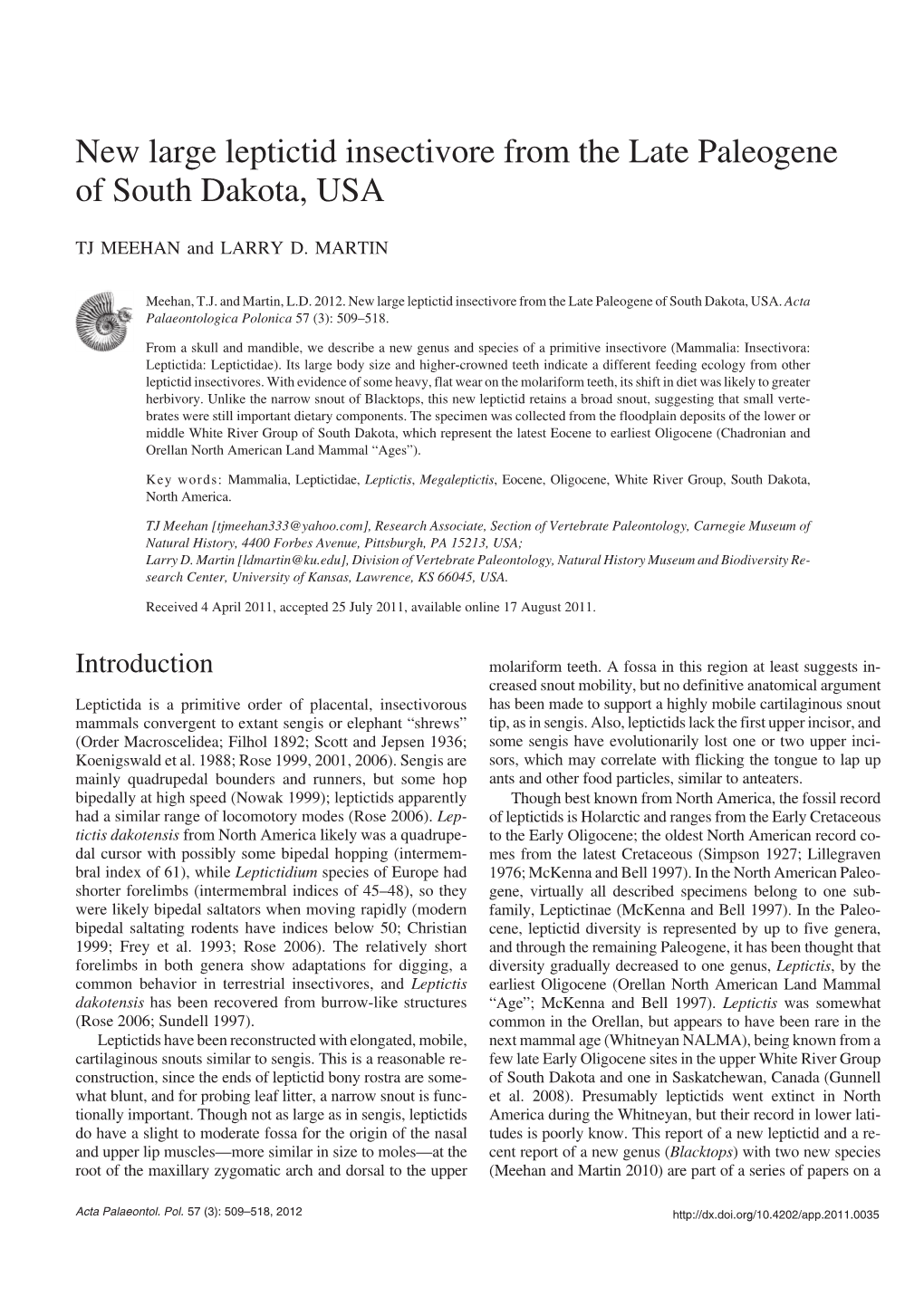 New Large Leptictid Insectivore from the Late Paleogene of South Dakota, USA