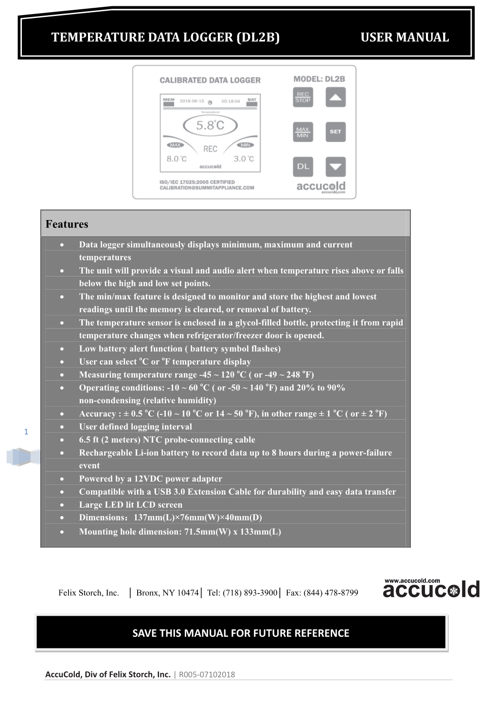 Temperature Data Logger (Dl2b) User Manual