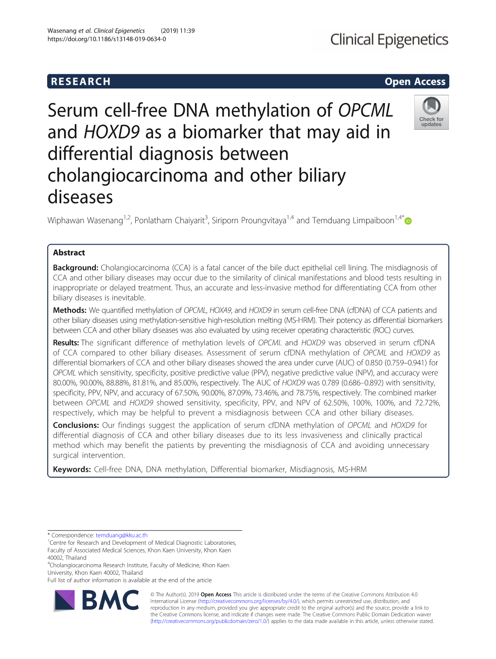 Serum Cell-Free DNA Methylation of OPCML and HOXD9 As a Biomarker That May Aid in Differential Diagnosis Between Cholangiocarcin