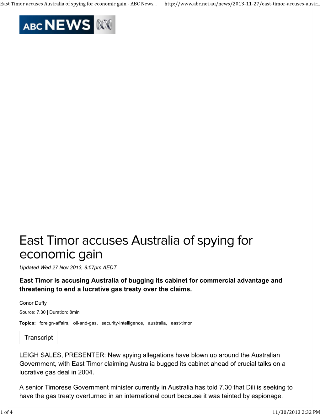 ABC East Timor Accuses Australia of Spying for Economic