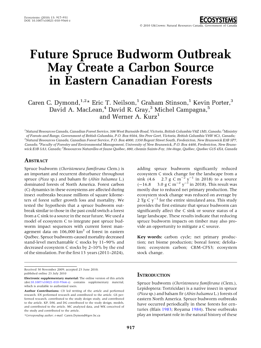 Future Spruce Budworm Outbreak May Create a Carbon Source in Eastern Canadian Forests