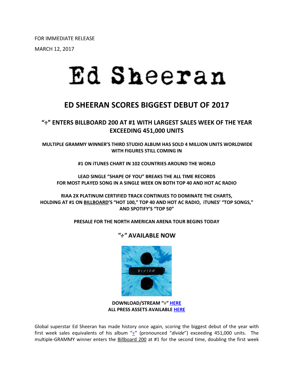 Ed Sheeran Scores Biggest Debut of 2017