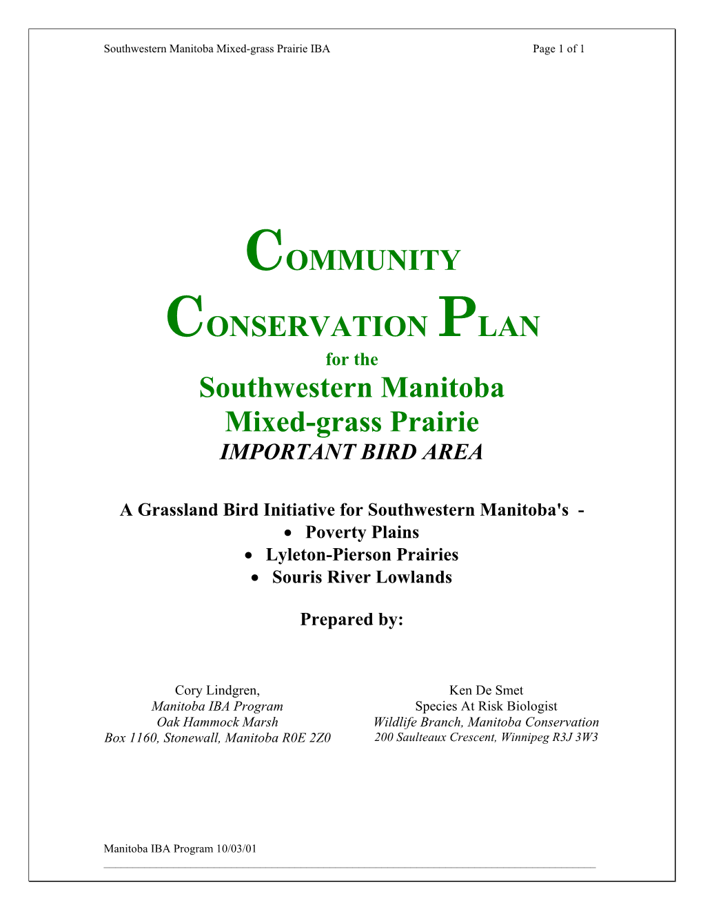 COMMUNITY CONSERVATION PLAN Southwestern Manitoba Mixed