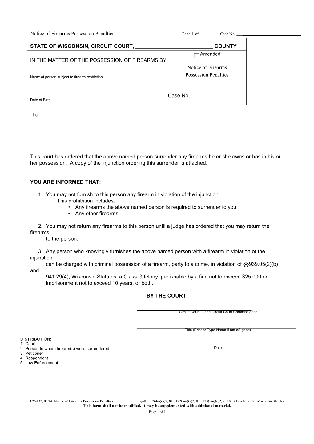 CV-432: Notice of Firearm Possession Penalties