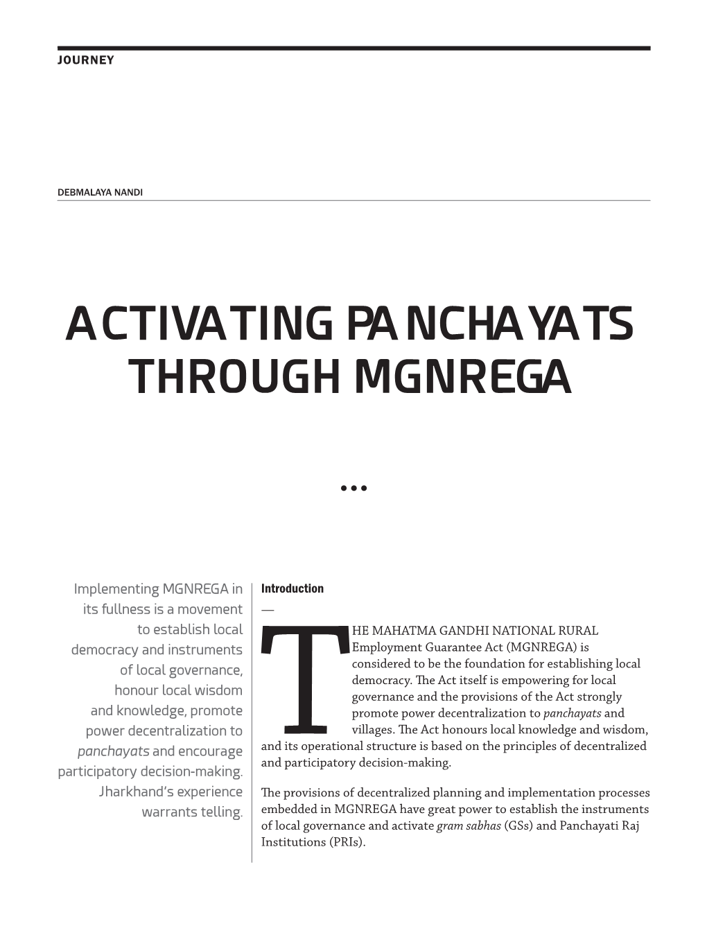 Activating Panchayats Through Mgnrega