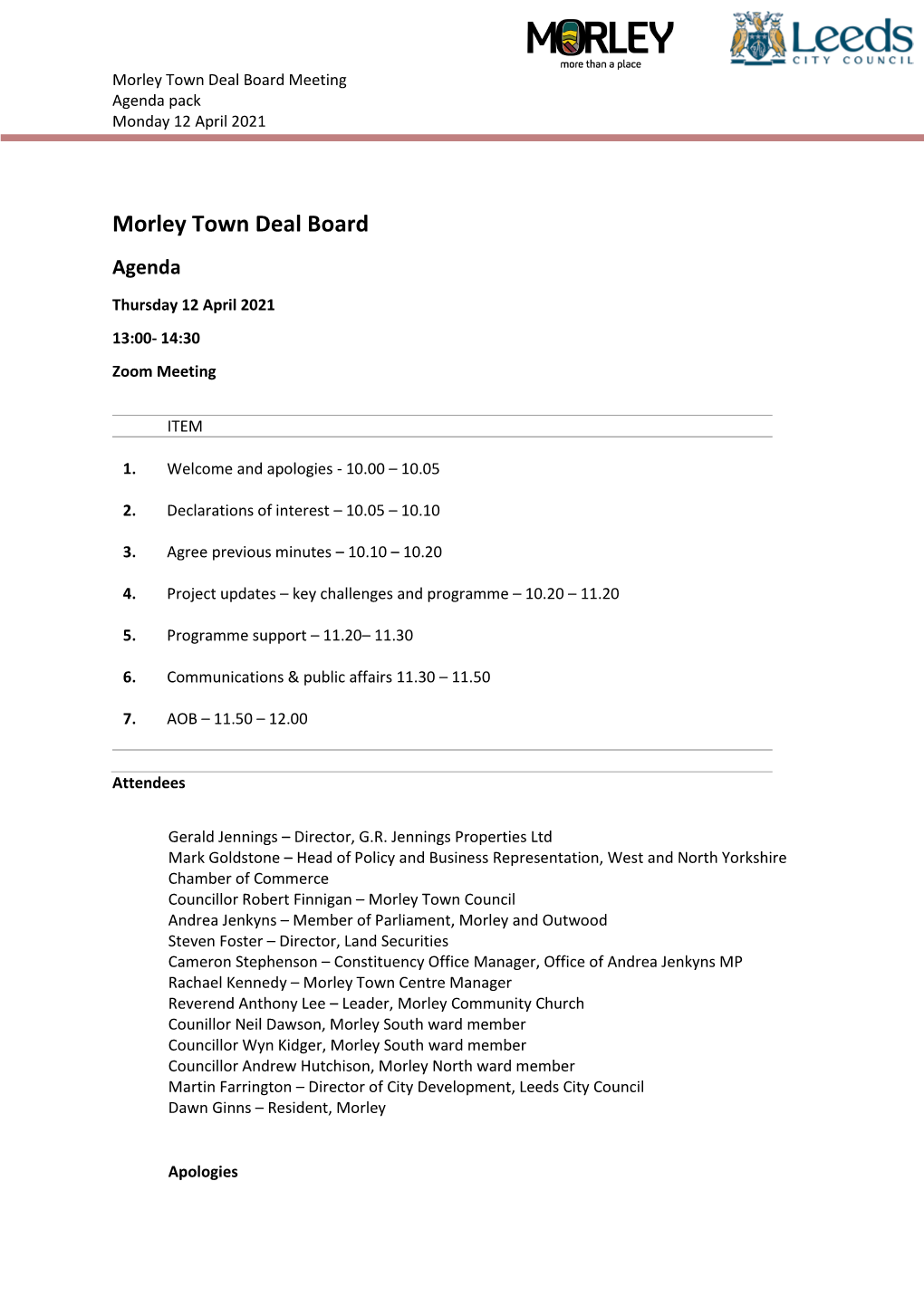 Agenda Morley Town Deal Board 12 April 2021