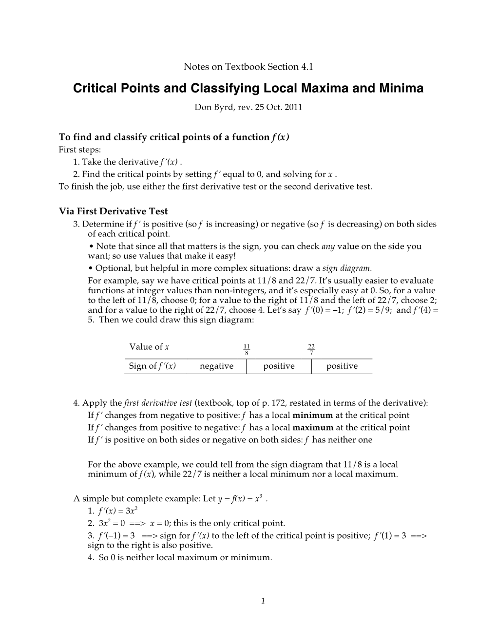 Critical Points and Classifying Local Maxima and Minima Don Byrd, Rev