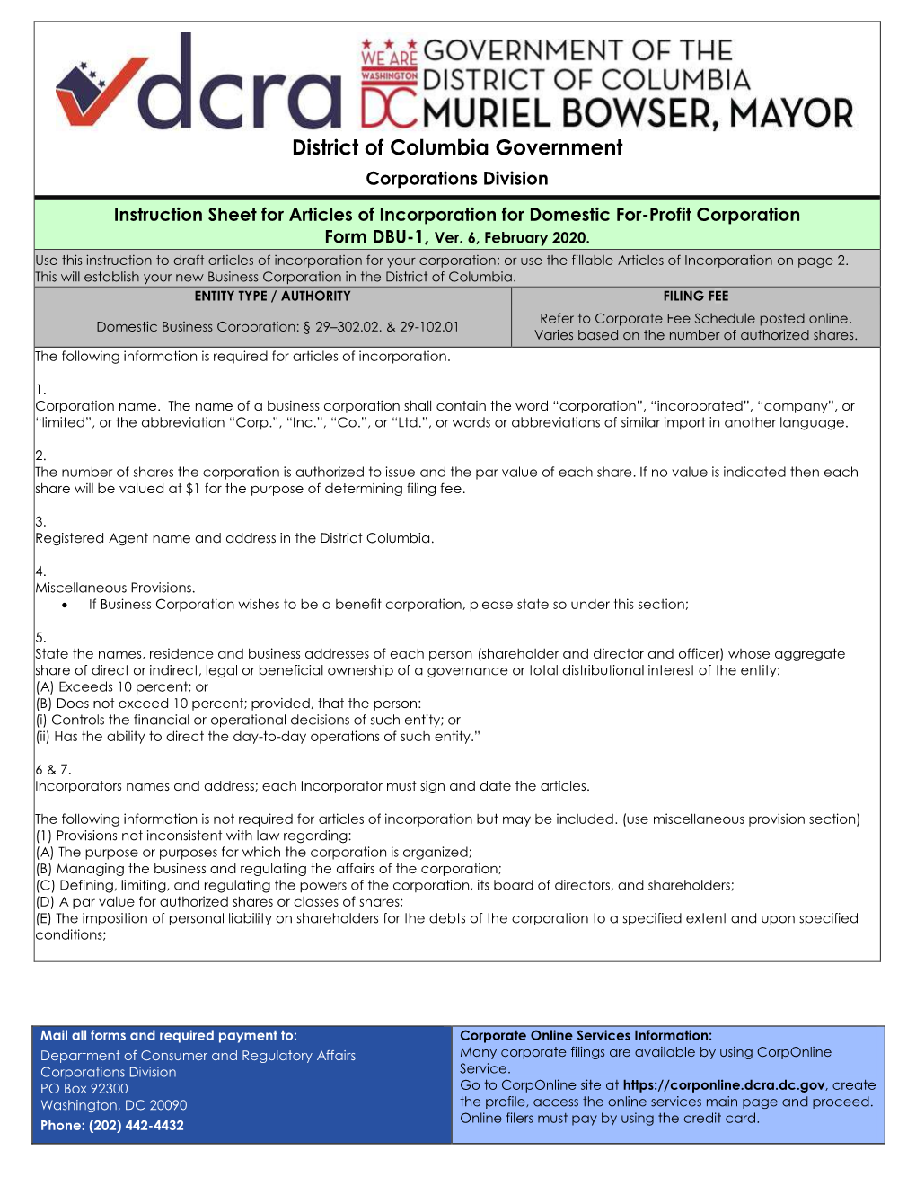 Articles of Incorporation for Domestic For-Profit Corporation Form DBU-1, Ver