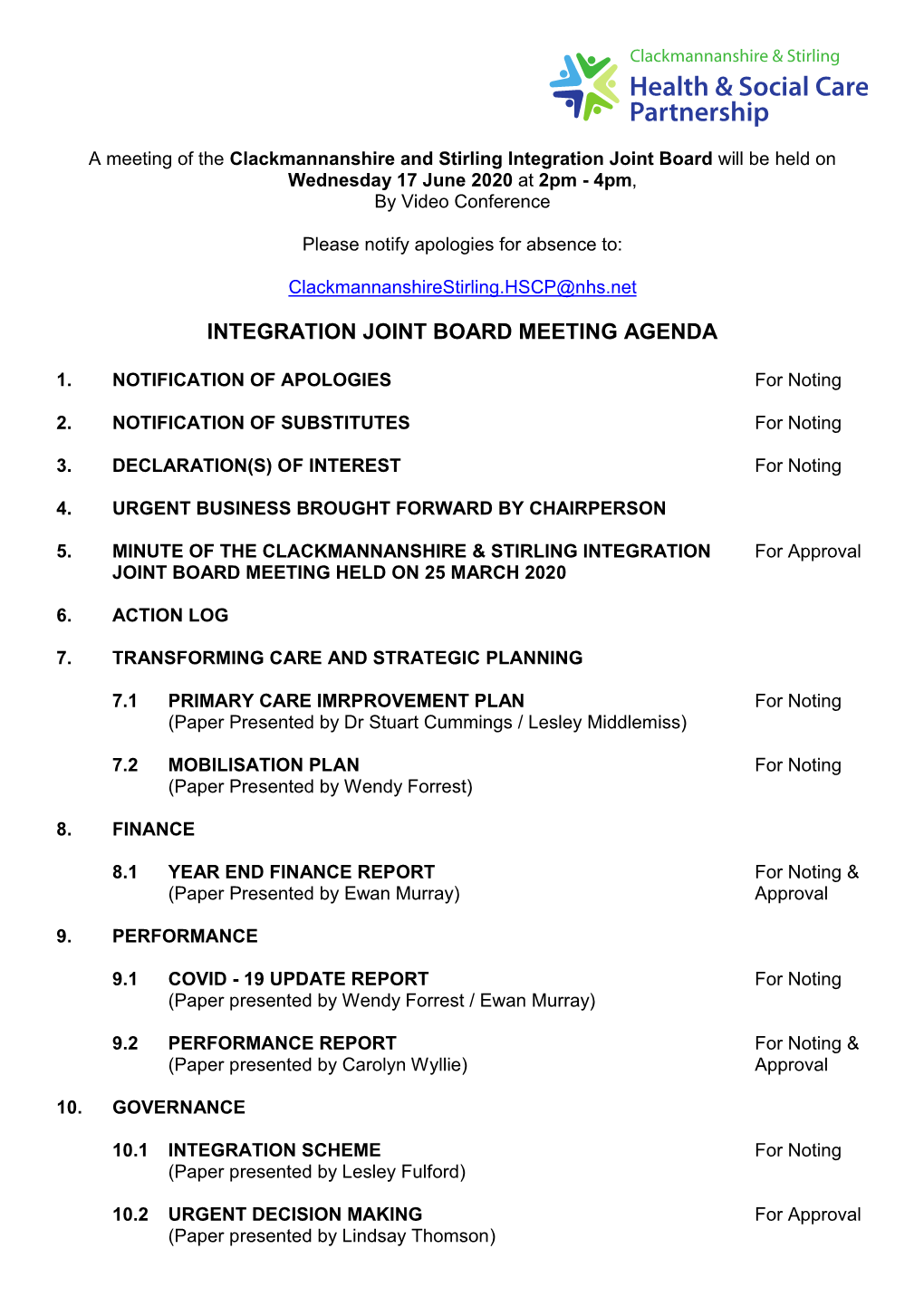 Integration Joint Board Meeting Agenda