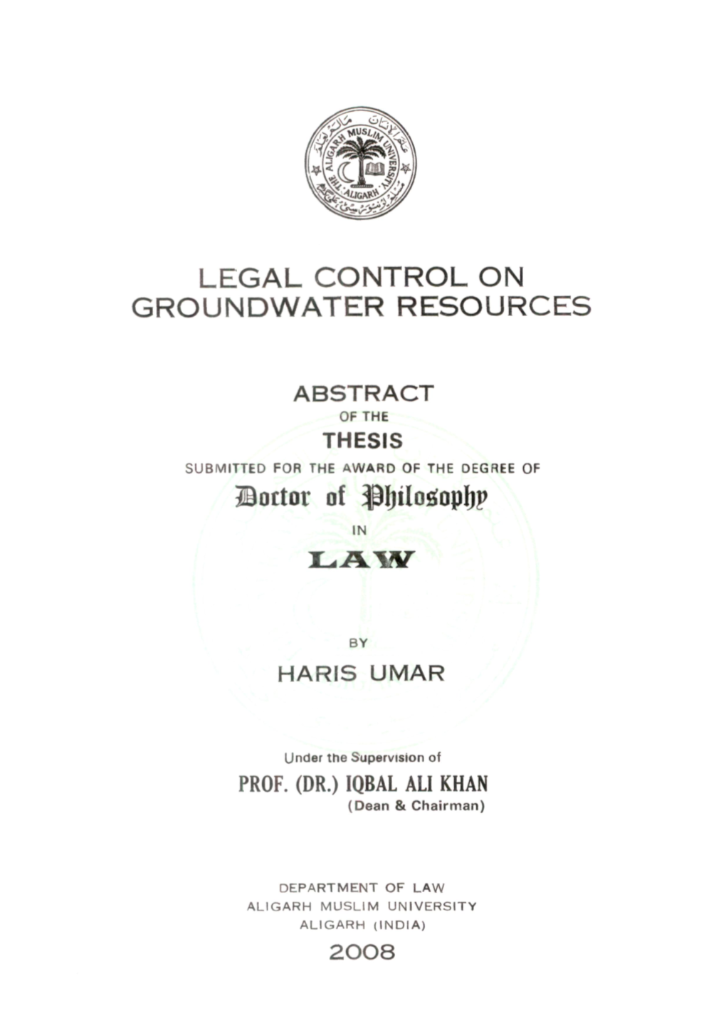 Legal Control on Groundwater Resources