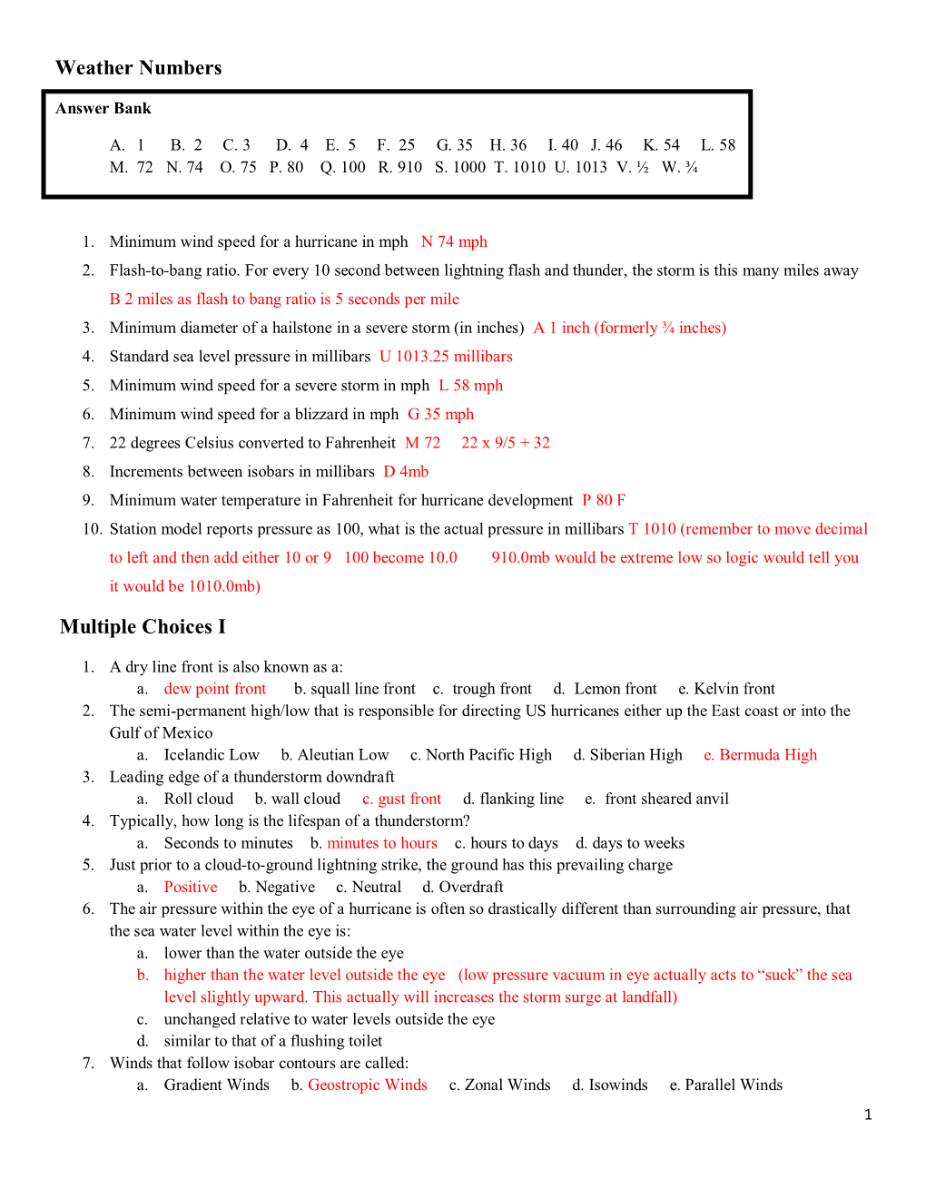 Weather Numbers Multiple Choices I