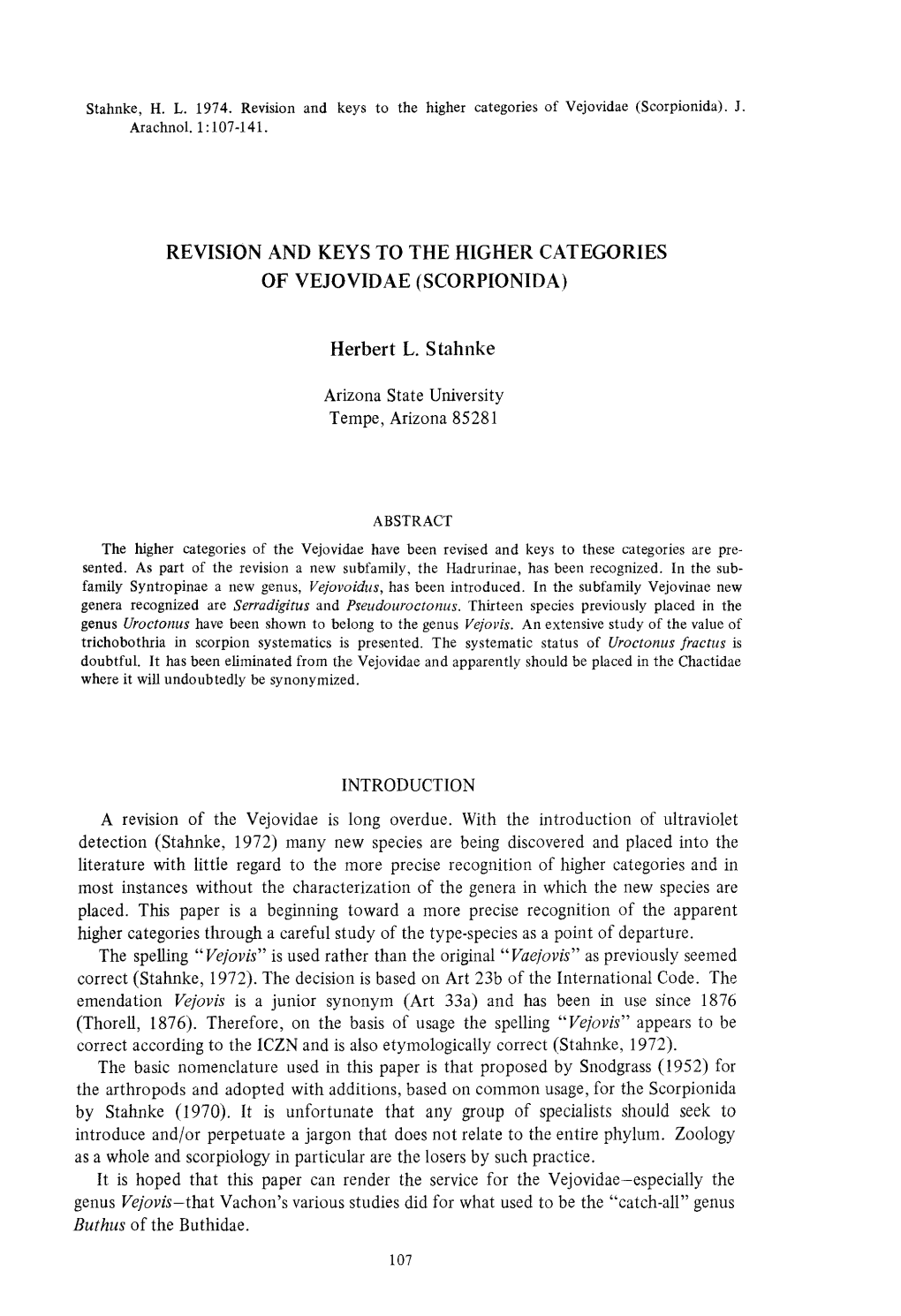 (SCORPIONIDA ) Herbert L. Stahnke Arizona State Universit Y Tempe, Ariz