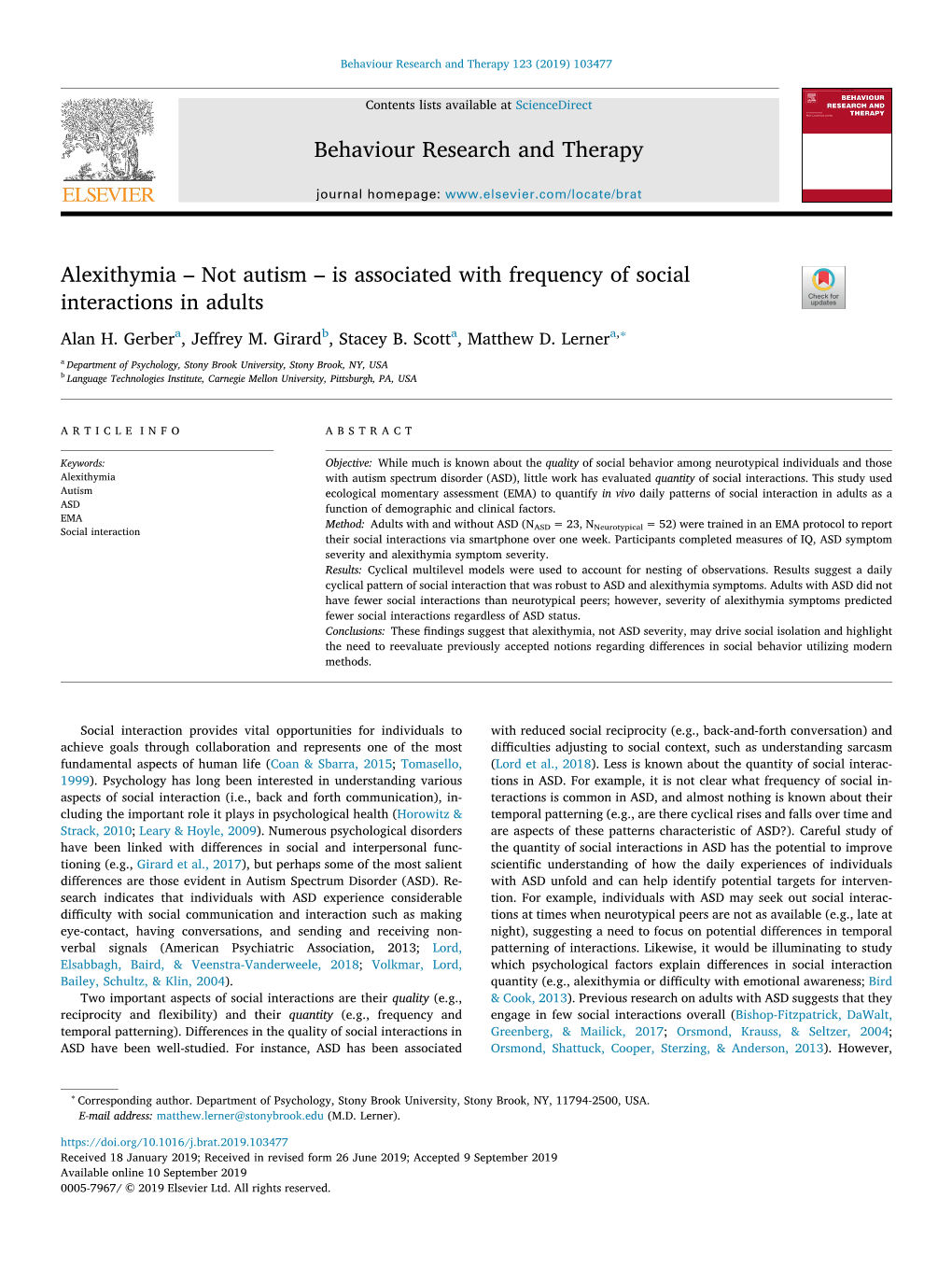 Alexithymia – Not Autism – Is Associated with Frequency of Social T Interactions in Adults ∗ Alan H