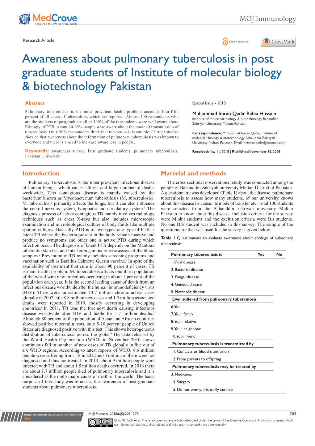 Awareness About Pulmonary Tuberculosis in Post Graduate Students of Institute of Molecular Biology & Biotechnology Pakistan