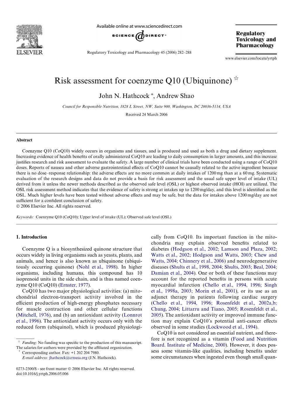 Risk Assessment for Coenzyme Q10 (Ubiquinone) ଝ