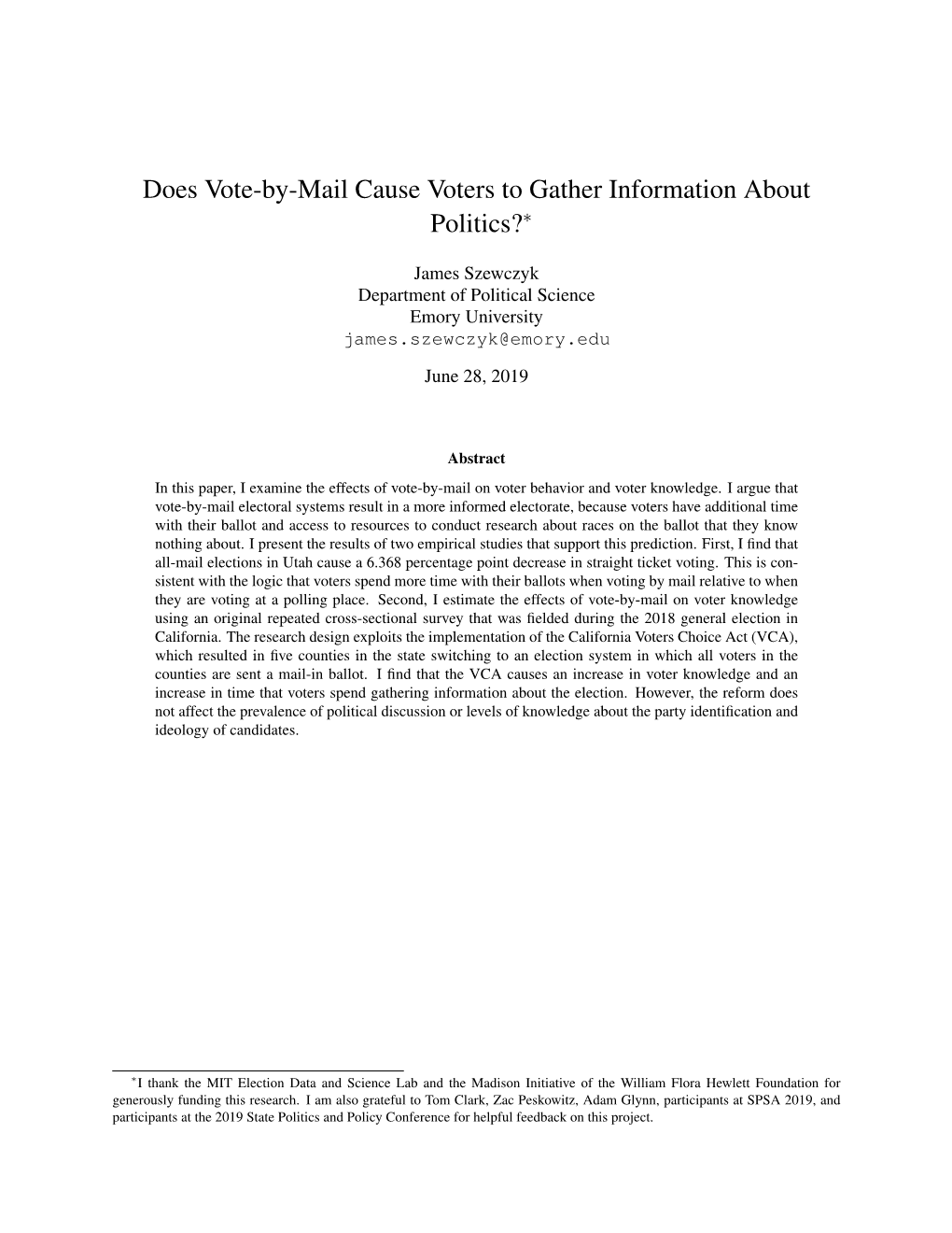 Does Vote-By-Mail Cause Voters to Gather Information About Politics?∗