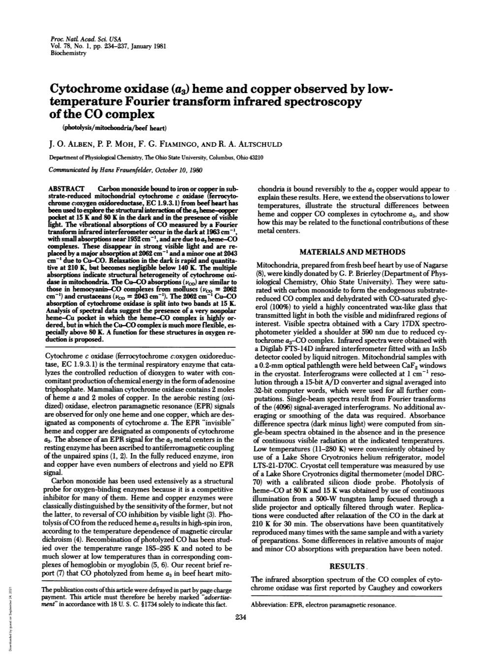 Cytochrome Oxidase (A3) Heme and Copper Observed by Low- Temperature Fourier Transform Infrared Spectroscopy Ofthe CO Complex (Photolysis/Mitoehondria/Beef Heart) J