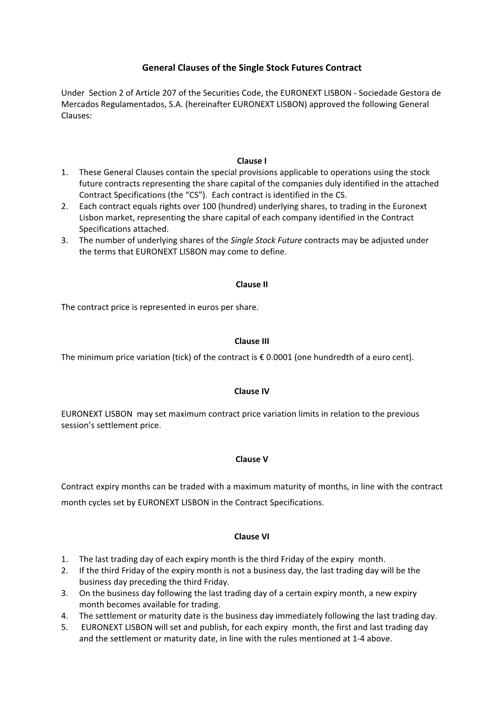 General Clauses of the Single Stock Futures Contract